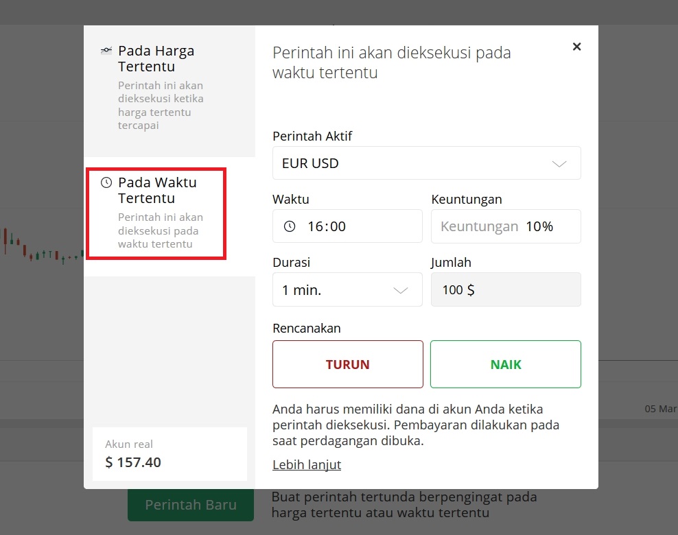 Membuka perintah tertunda dengan waktu di Olymp Trade